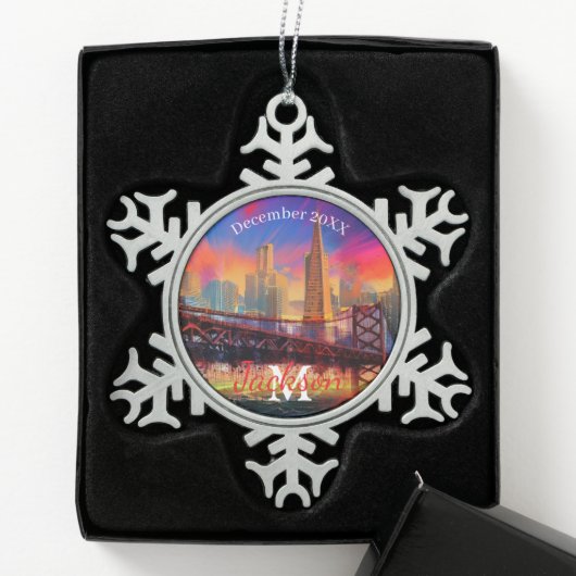San Francisco Snowflake Pewter Kerstversiering Tin Sneeuwvlok Ornament (Kistje)