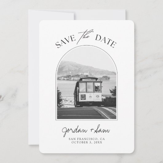 San Francisco Trolley Zwart en Wit Save the Date Kaart (Voorkant)