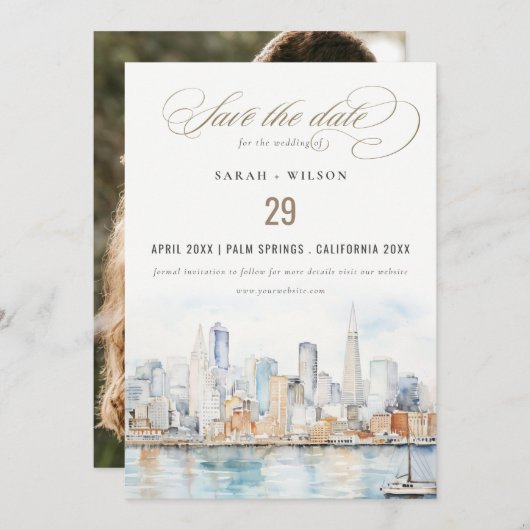 San Francisco Watercolor Landscape Photo Wedding Save The Date (Voorkant / Achterkant)