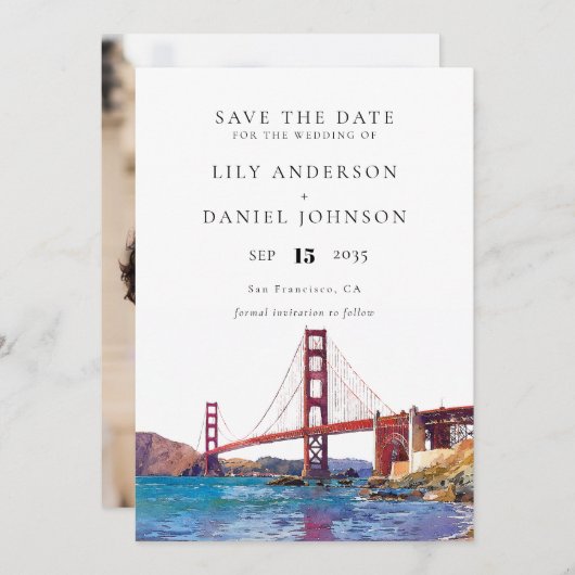 San Francisco Watercolor Photo Wedding Save The Date (Voorkant / Achterkant)