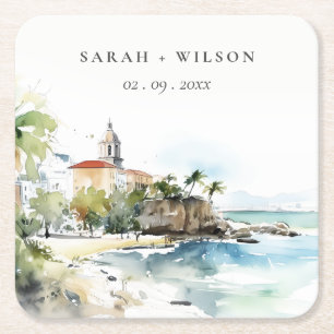 San Juan Puerto Rico Aquarel Landschap Bruiloft Kartonnen Onderzetters