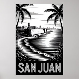 San Juan Puerto Rico Zwart-Wit Houtsnede Poster