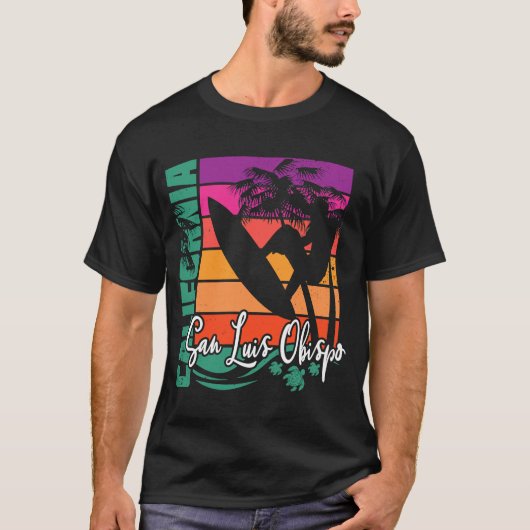 San Luis Obispo California Retro Sunset Beach Surf T-shirt (Voorkant)