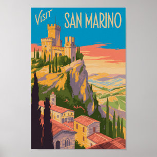San Marino Kasteel Illustratie Reis Kunst Vintage Poster