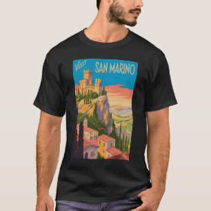 San Marino Kasteel Illustratie Reis Kunst Vintage T-shirt