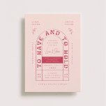 San Miguel Wedding Uitnodiging<br><div class="desc">Dit huwelijksuitnodigingsontwerp kenmerkt een gearcheerde typografie in een funky geïnspireerde doopvont. Het lettertype heeft een afspeelbaar en retroflectief gevoel en voegt een unieke aanraking toe aan de uitnodiging. Het kleurenpalet voor het ontwerp is een levendige magenta en lichtroze, die tot een warme en romantische atmosfeer leiden. De combinatie van de...</div>