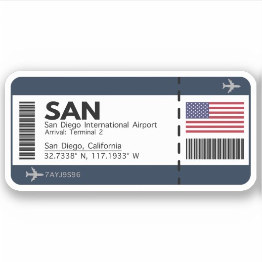 SAN San Diego Boarding Pass - California Ticket Sticker (Voorkant)