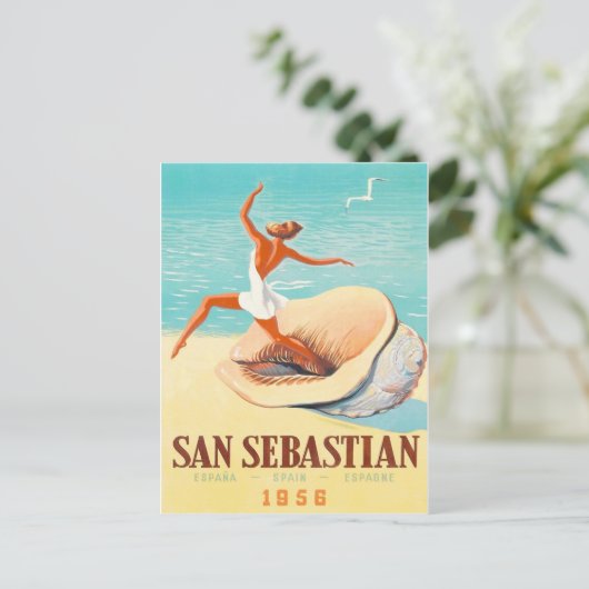 San Sebastian, een vrouw komt uit een schelp. Briefkaart (Staand voorkant)