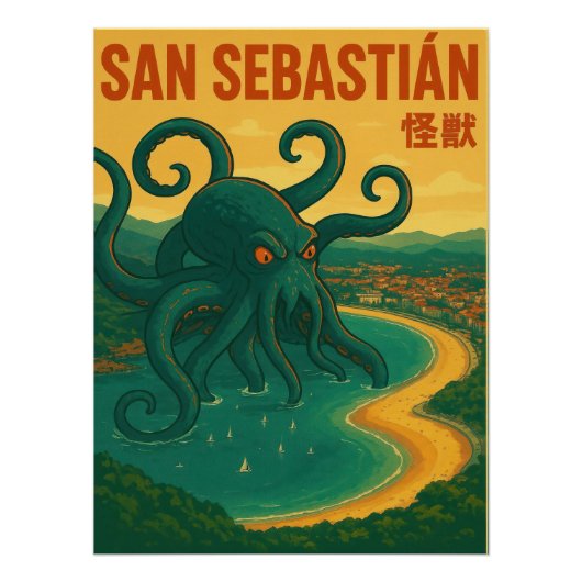 San Sebastian Octopus Attack Vintage Travel Poster (Voorkant)