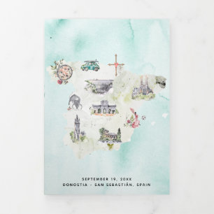 San Sebastian Spain Wedding Map reiskaart Drieluik Programma