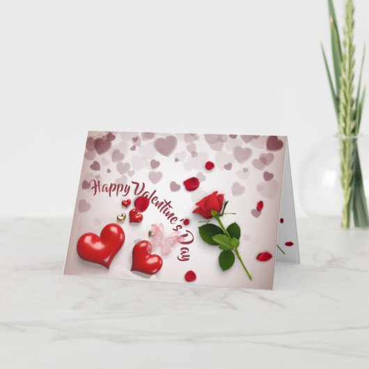 San Valentín con rosa y corazones Kaart (Voorkant)
