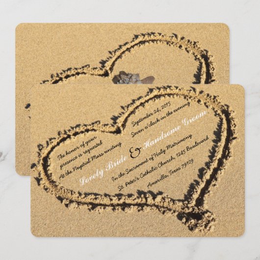 Sand Beach Heart Cross katholieke bruiloft Uitnodi Kaart (Voorkant / Achterkant)