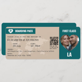 Sand Beige & Ocean Teal Boarding Pass Wedding Kaart
