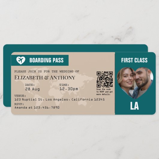 Sand Beige & Ocean Teal Boarding Pass Wedding Kaart (Voorkant / Achterkant)
