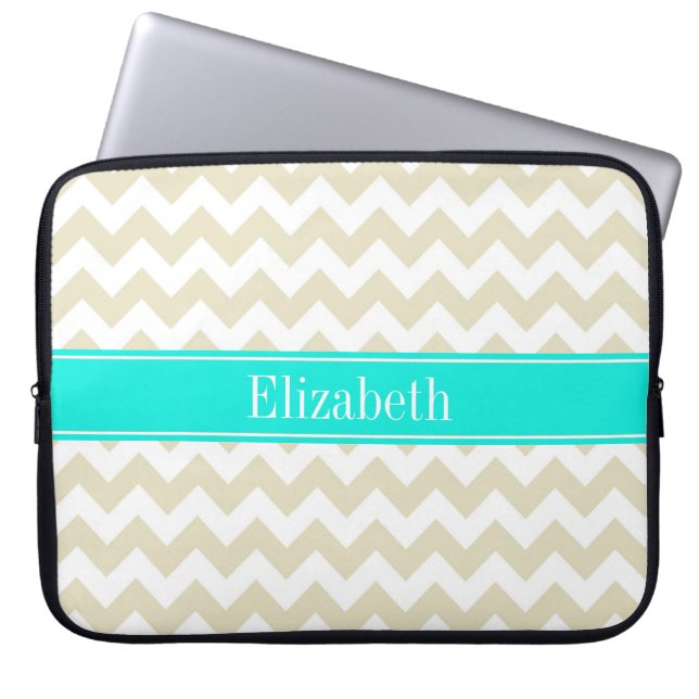 Sand Beige White Chevron Bright Aqua Name Monogram Laptop Sleeve (Voorkant)