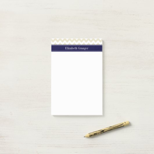 Sand Beige White Chevron Navy Blue Name Monogram Post-it® Notes (Op bureau)