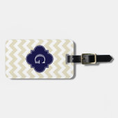 Sand Beige White Chevron Navy Quatrefoil Monogram Bagagelabel (Voorkant horizontaal)