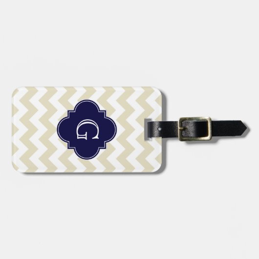 Sand Beige White Chevron Navy Quatrefoil Monogram Bagagelabel (Voorkant horizontaal)