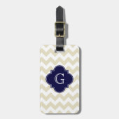 Sand Beige White Chevron Navy Quatrefoil Monogram Bagagelabel (Voorkant verticaal)