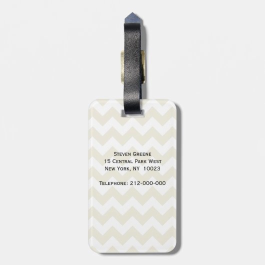 Sand Beige White Chevron Navy Quatrefoil Monogram Bagagelabel (Achterkant verticaal)