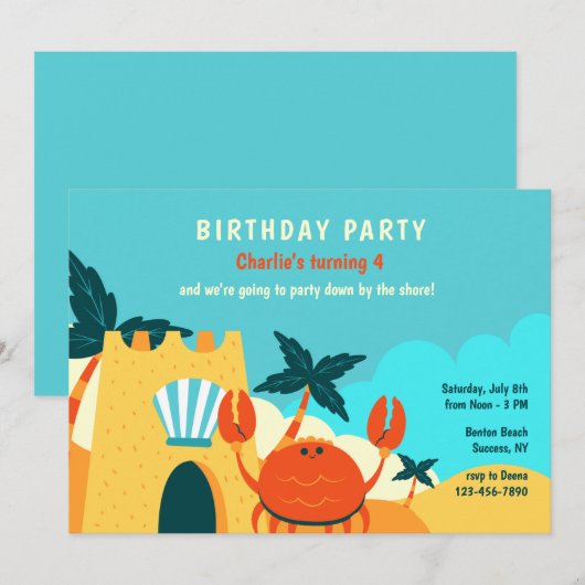 Sand Crab Birthday Party Kaart (Voorkant / Achterkant)