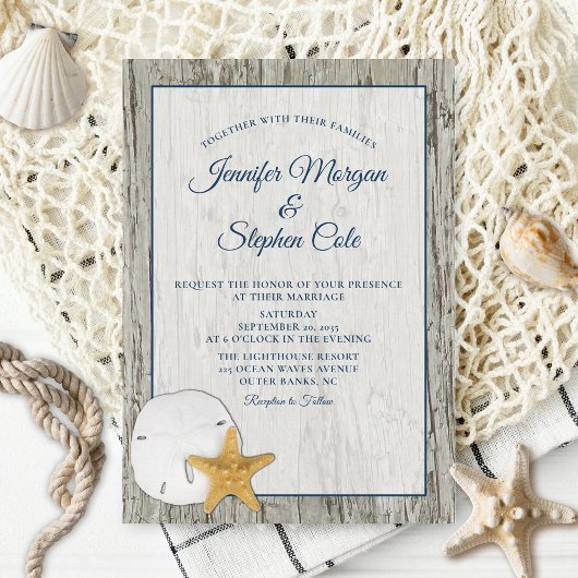 Sand Dollar and Starfish Rustic Driftwood Wedding Kaart