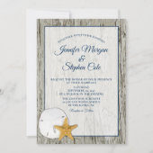 Sand Dollar and Starfish Rustic Driftwood Wedding Kaart (Voorkant)