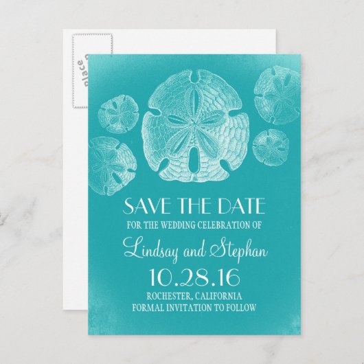 Sand Dollar Beach Turquoise Save the Date Briefkaa Aankondigingskaart (Voorkant / Achterkant)