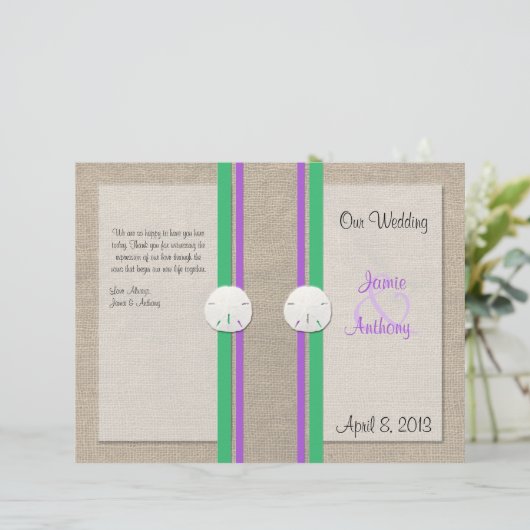 Sand Dollar Beach Wedding Programme - Paars Groen (Staand voorkant)