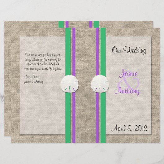 Sand Dollar Beach Wedding Programme - Paars Groen (Voorkant / Achterkant)