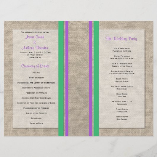 Sand Dollar Beach Wedding Programme - Paars Groen (Achterkant)