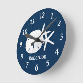 Sand Dollar Starfish Kustafel Navy Blue personalis Ronde Klok (Hoek)