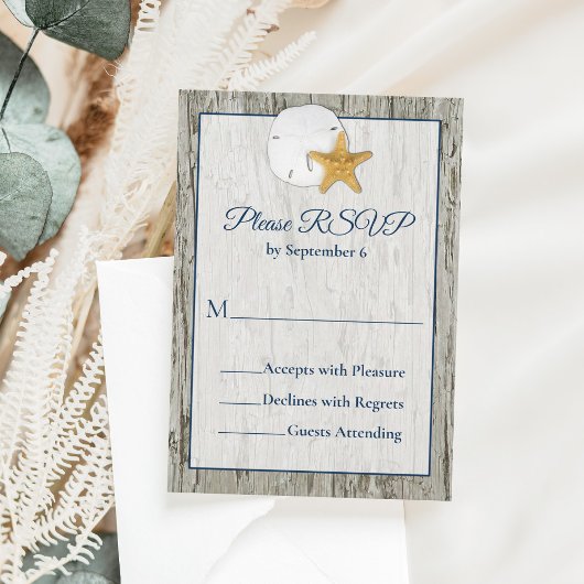 Sand Dollar Wedding Rustic Beach Driftwood RSVP Kaartje