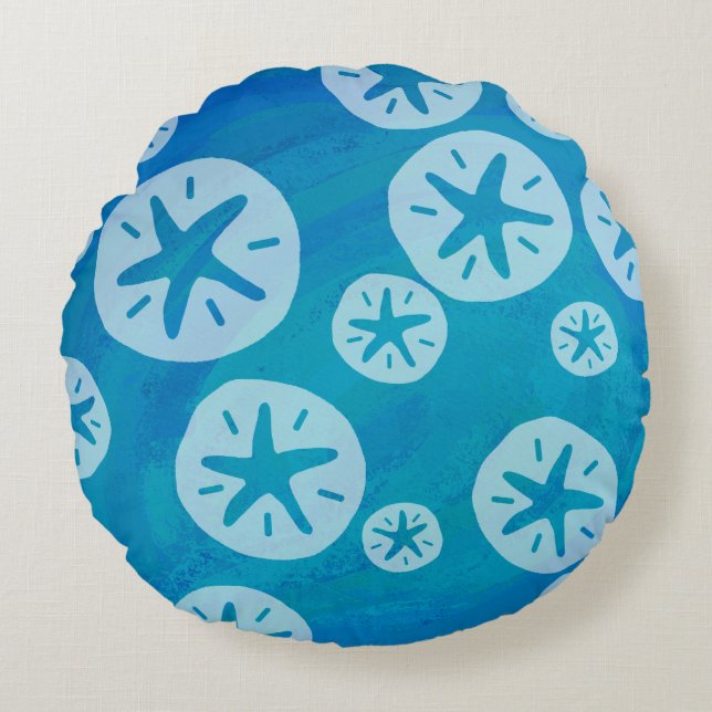 Sand Dollar White en Blue Pattern Rond Kussen (Voorkant)