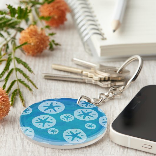 Sand Dollar White en Blue Pattern Sleutelhanger (Voorkant Rechts)