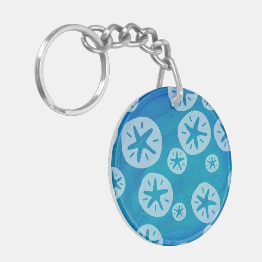 Sand Dollar White en Blue Pattern Sleutelhanger (Voorkant Links)