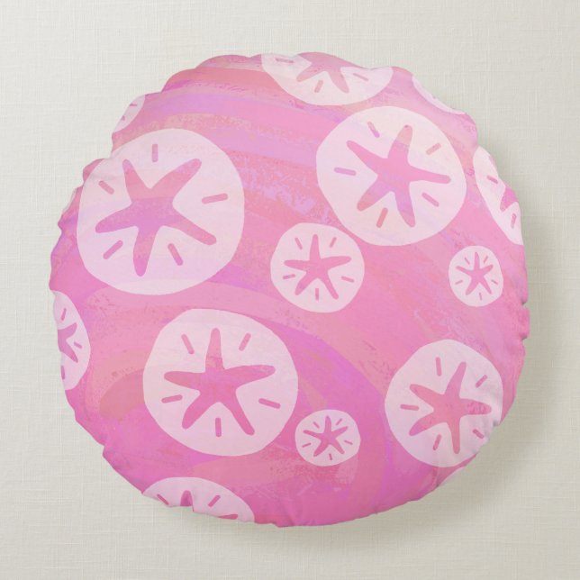 Sand Dollar White en roze Rond Kussen (Voorkant)