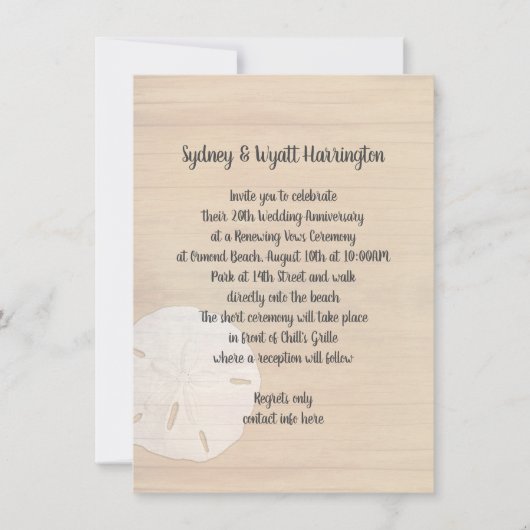 Sand Dollar Wood Beach Vows Jubileum Uitnodiging (Voorkant)