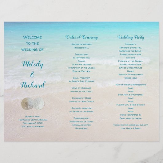 Sand Dollars Beach Scene Tri-Fold Wedding Programm (Voorkant)