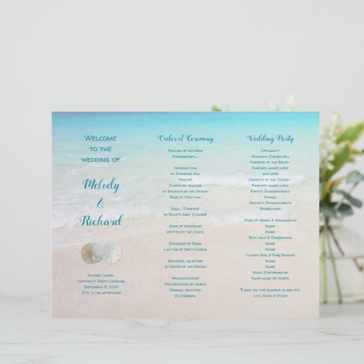 Sand Dollars Beach Scene Tri-Fold Wedding Programm (Staand voorkant)