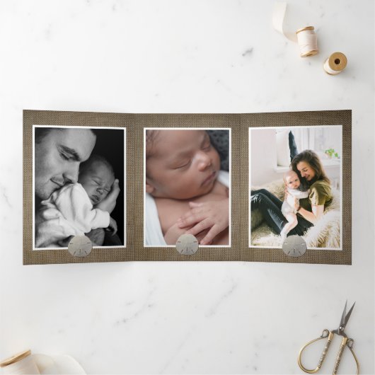 Sand Dollars & Burlap, 5 Foto Collage Baby Birth Drieluik Aankondiging (Binnen)