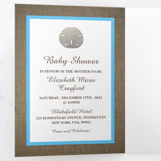Sand Dollars & Burlap, Beach Baby shower Suite Drieluik Uitnodiging (Binnenzijde eerst)