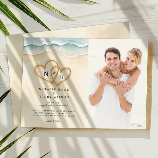 Sand Hearts Beach bruiloft foto uitnodiging beige