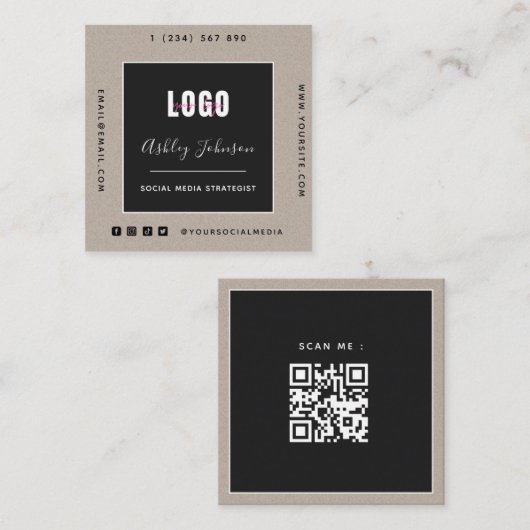 Sand Kraft Paper Voeg Logo Qr Code sociale media t Vierkante Visitekaartje (Voorkant / Achterkant)