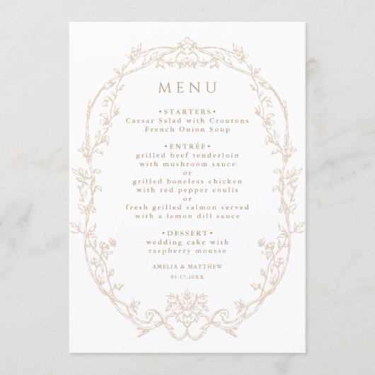 Sand Ornate Floral Frame Wedding Menu (Voorkant)