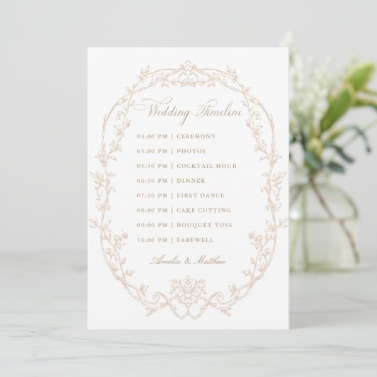 Sand Ornate Floral Frame Wedding Timeline Programmakaart (Staand voorkant)