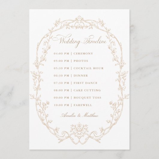 Sand Ornate Floral Frame Wedding Timeline Programmakaart (Voorkant)