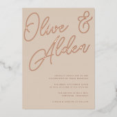 Sand | Roos Gold Script Wedding Folie Uitnodiging (Voorkant)