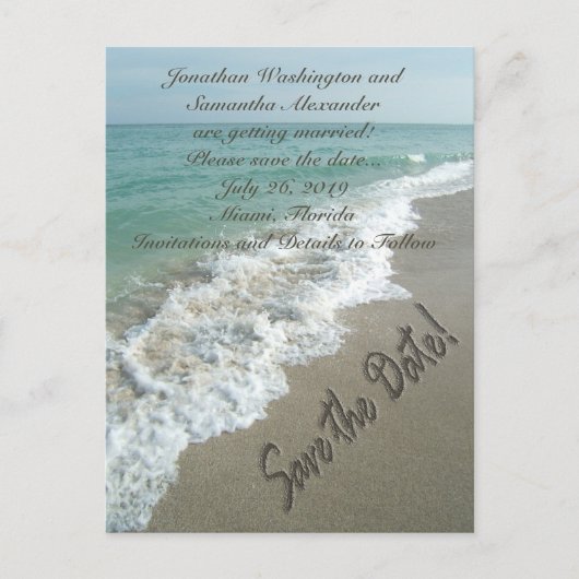 Sand Schrijven op het strand Save the Date Briefka Aankondigingskaart (Voorkant)