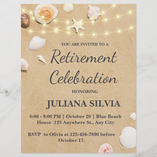 Sand Seashells Beach Retirement Party Flyer (Voorkant)